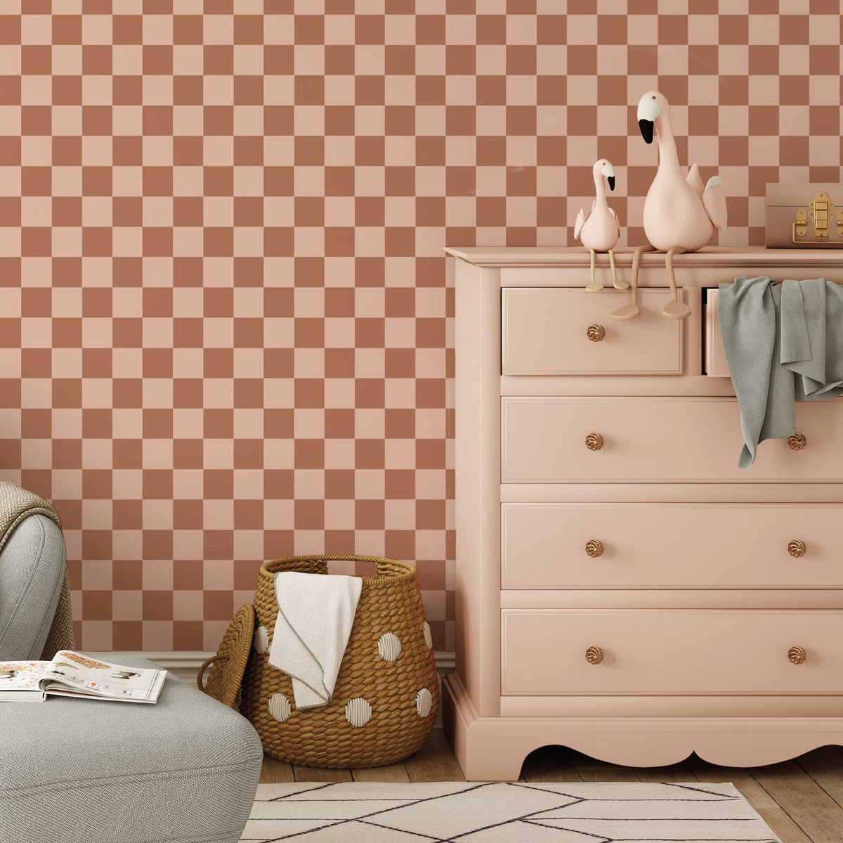 Blokken behang voor de kinderkamer roze checkmate brown days of bloom Hoofdafbeelding