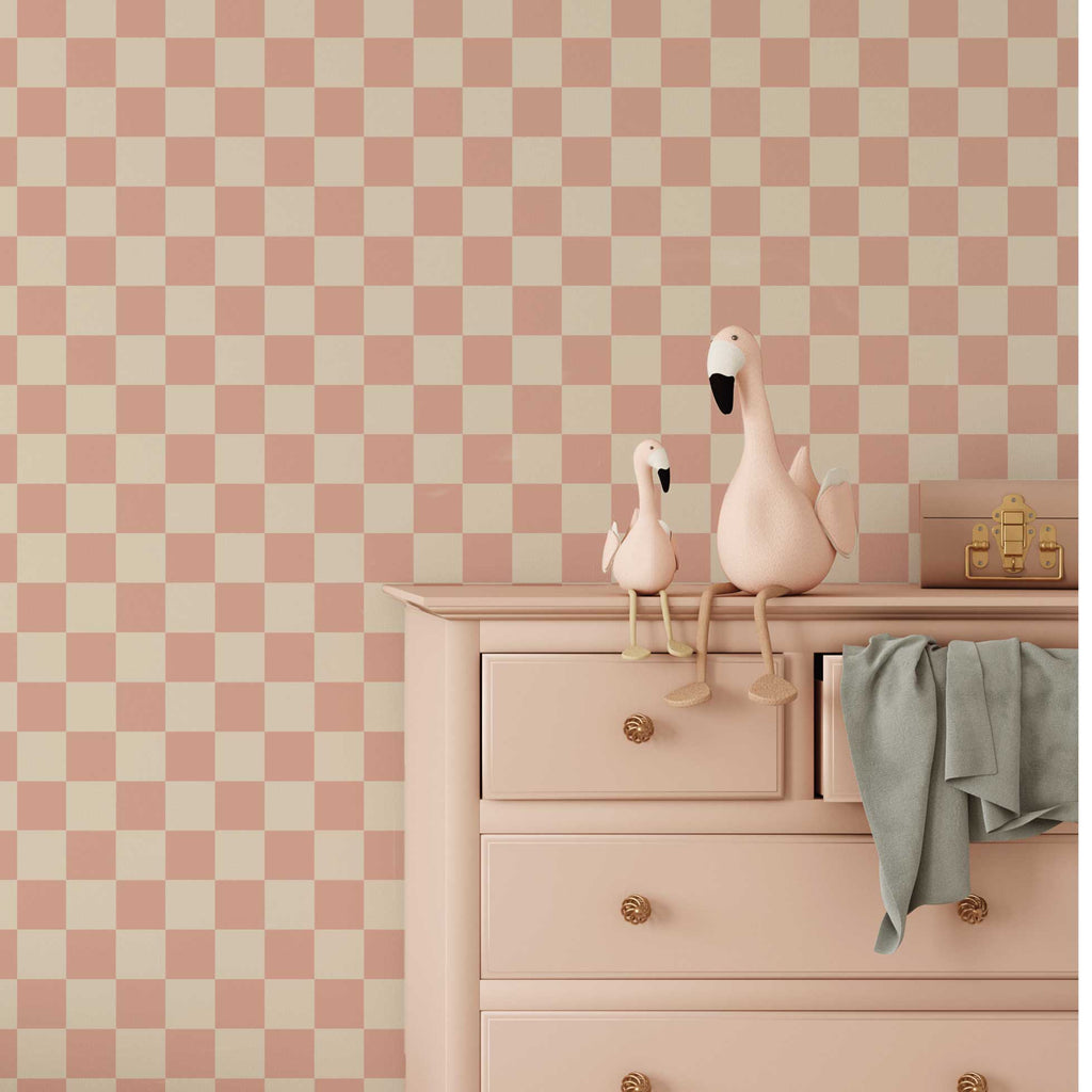 Blokken behang voor de kinderkamer roze checkmate pink days of bloom
