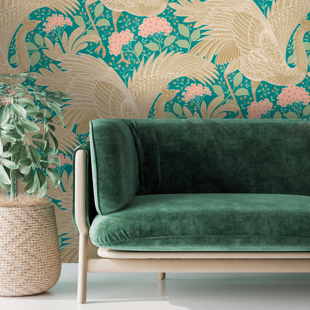 Proud Birds Vogelbehang Days of Bloom fotobehang groen turquoise