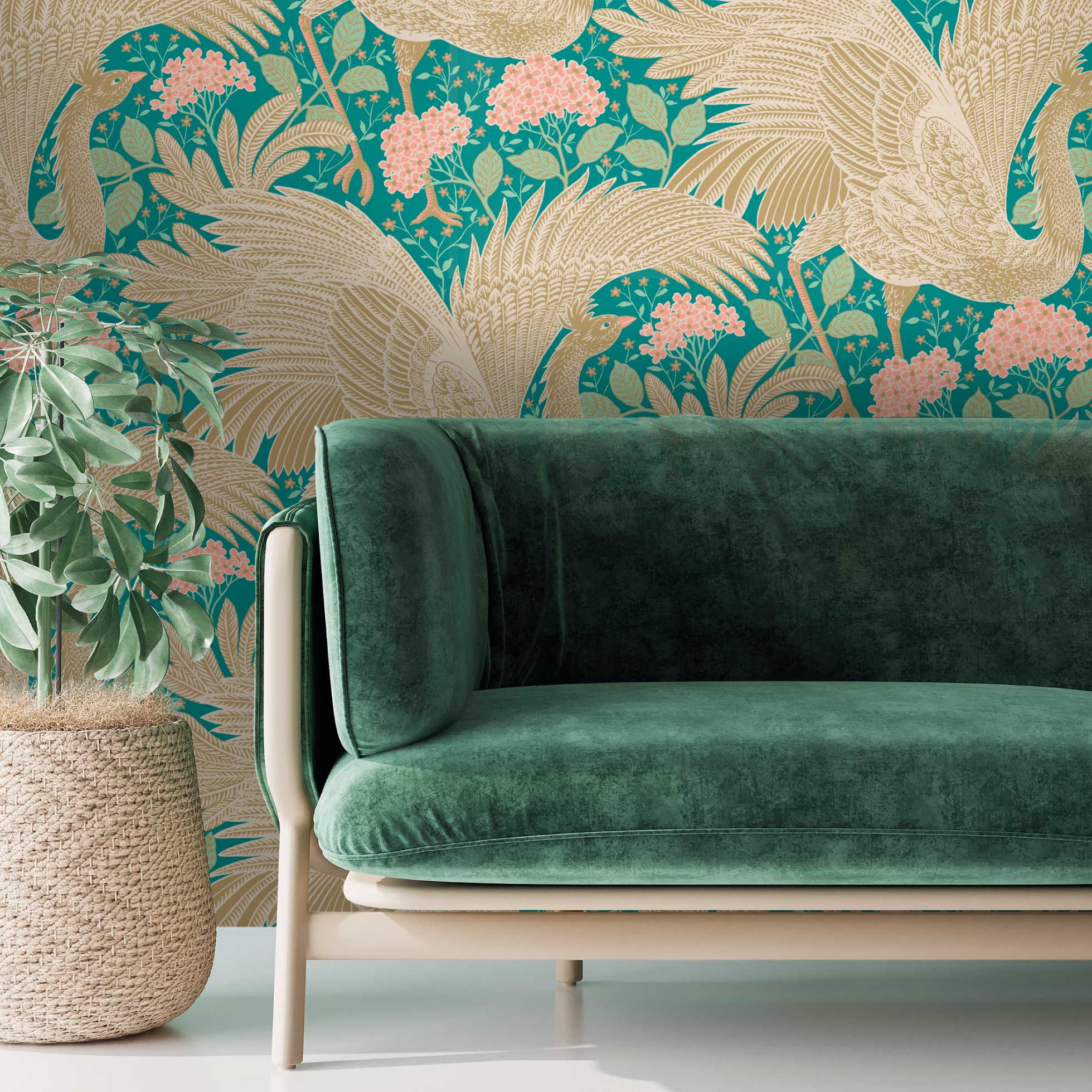 Proud Birds Vogelbehang Days of Bloom fotobehang groen turquoise