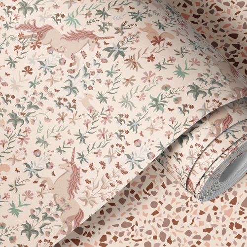 Unicorn behang roze groen days of bloom meisjeskamer kinderkamer behang