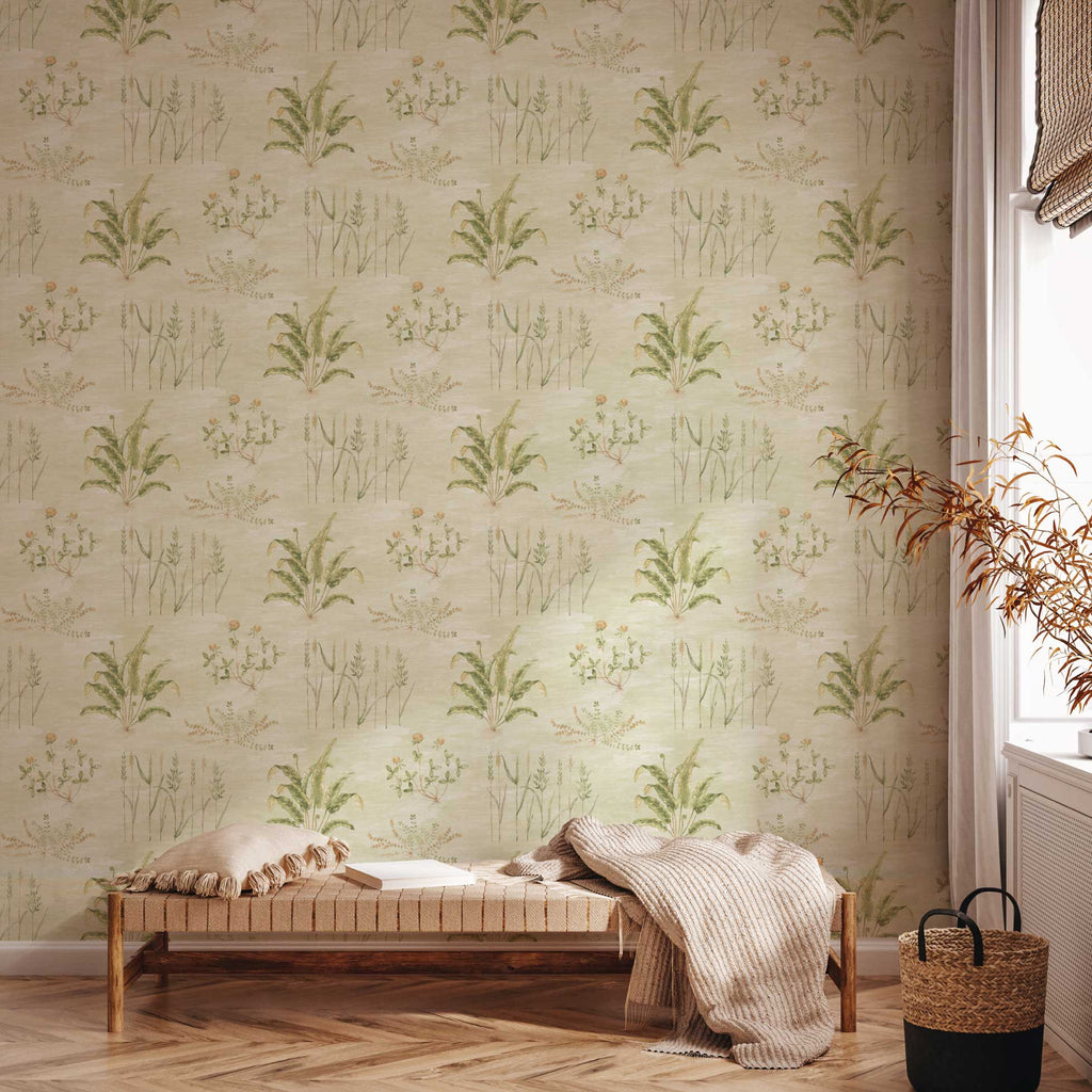 Botanisch behang voor slaapkamer of woonkamer Field of Hope days of bloom green groen
