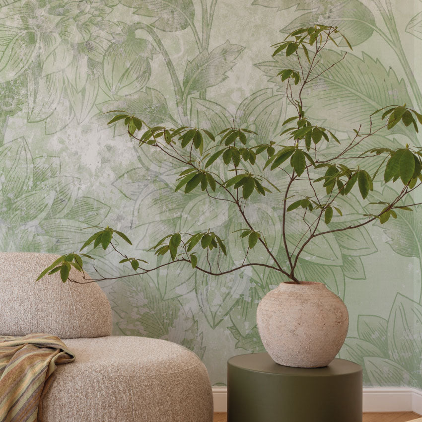 Bloemen behang Dahlia Dawn Days of Bloom Olive Groen Woonkamer slaapkamer