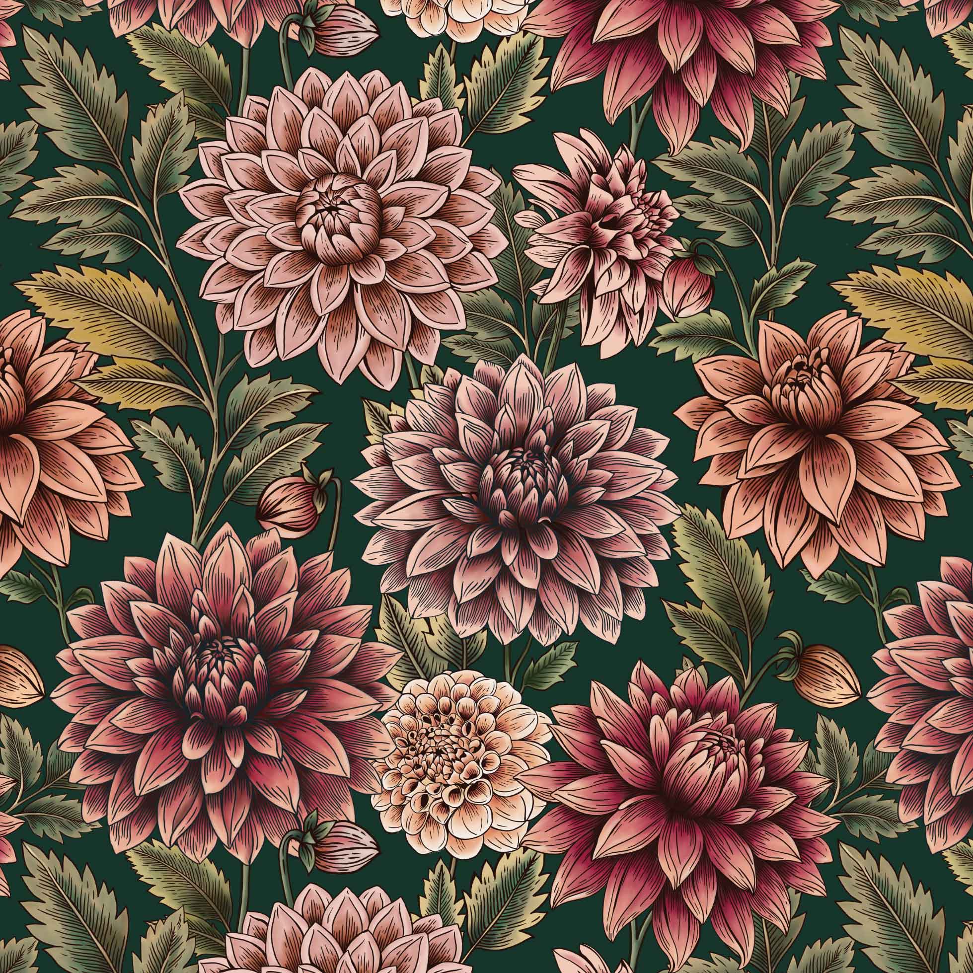Dahlia Dreams bloemen behang Days of Bloom Black Forrest Groen