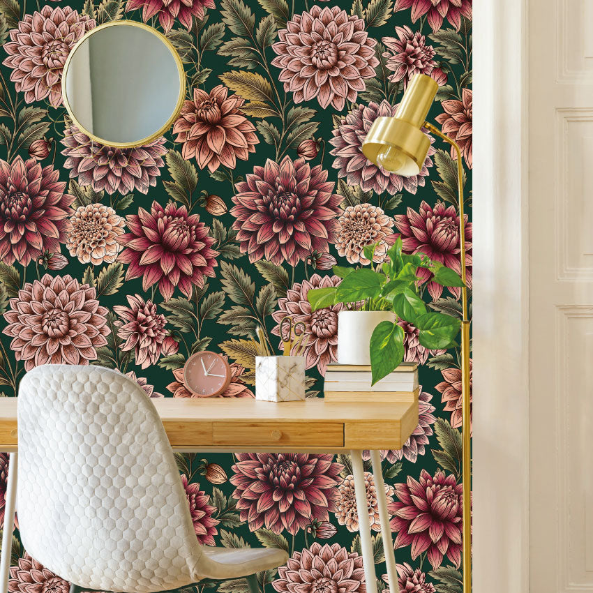 Dahlia Dreams bloemen behang Days of Bloom Black Forrest Groen