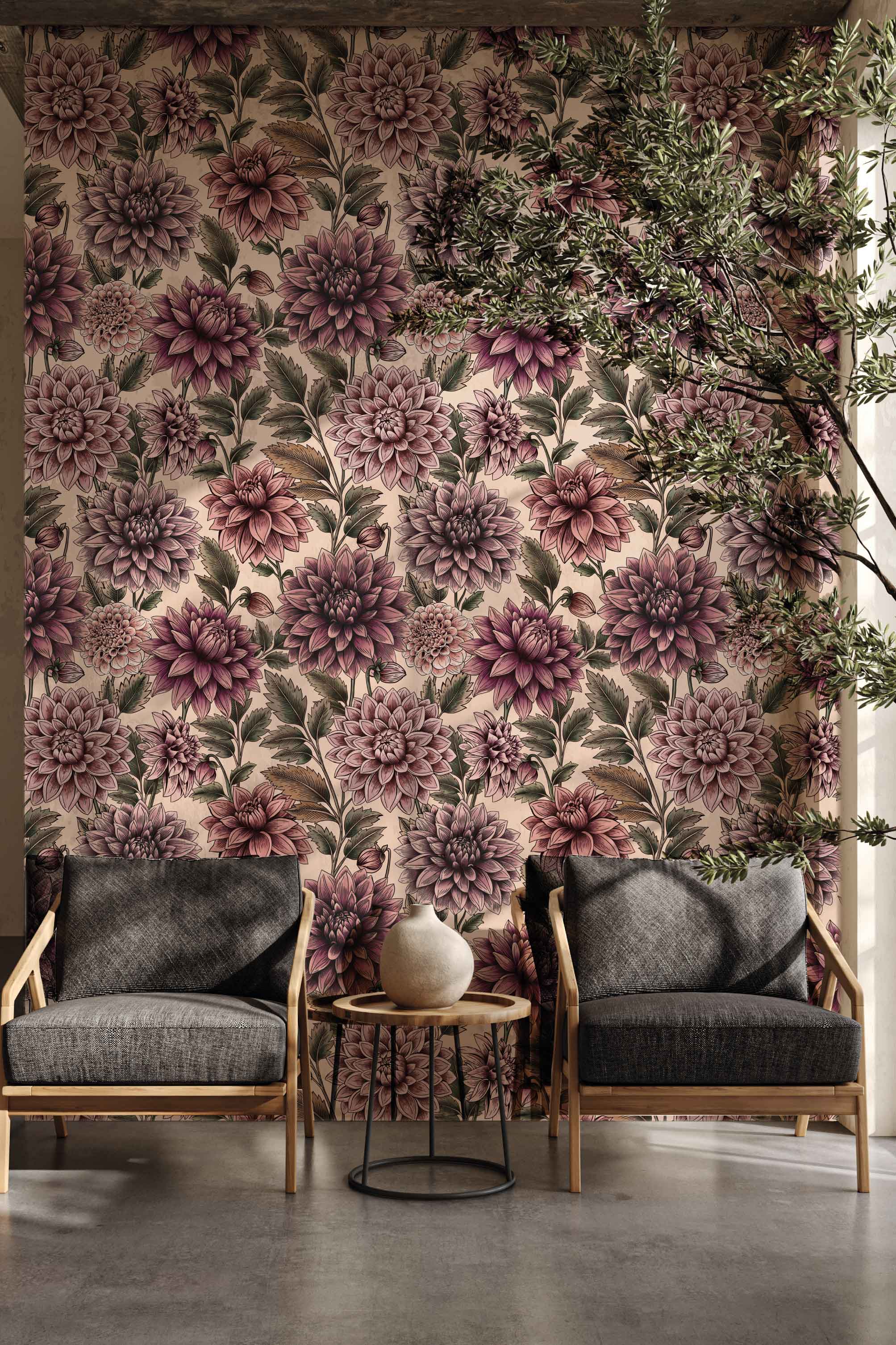 Dahlia Dreams bloemen behang Days of Bloom Fuchsia Blush Creme roze