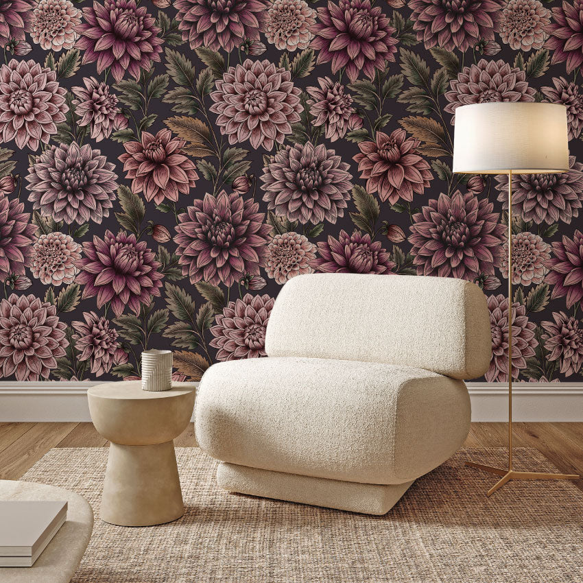 Dahlia Dreams bloemen behang Days of Bloom Midnight antraciet zwart