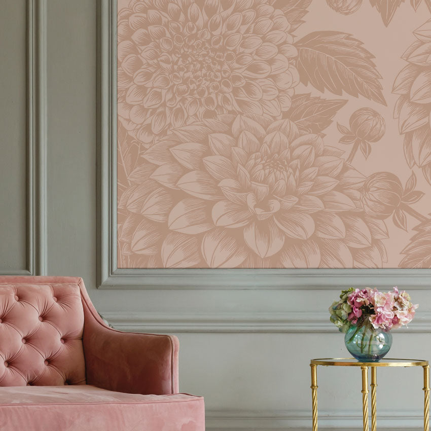 Bloemen behang voor woonkamer of slaapkamer Petals in Ink Days of Bloom Silken Taupe lichtroze