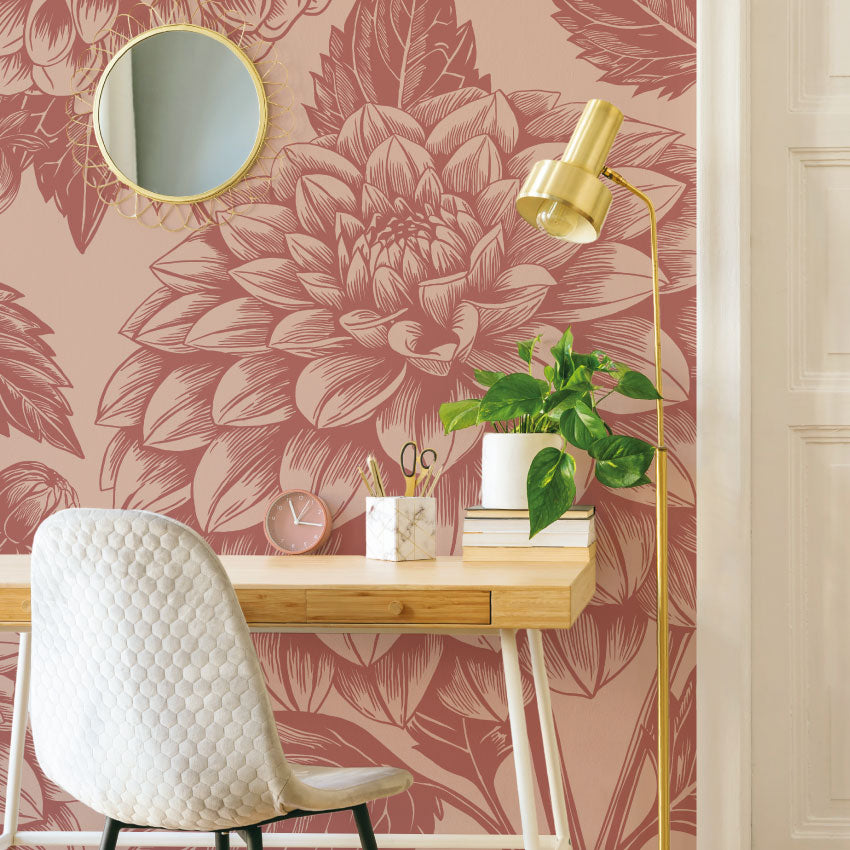 Bloemen behang voor woonkamer of slaapkamer Petals in Ink Days of Bloom Celestial roze