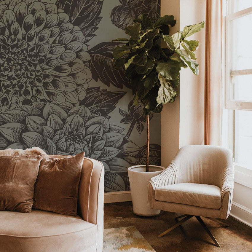 Bloemenbehang Petals in Ink - Graphite antraciet zwart voor woonkamer en slaapkamer Days of Bloom