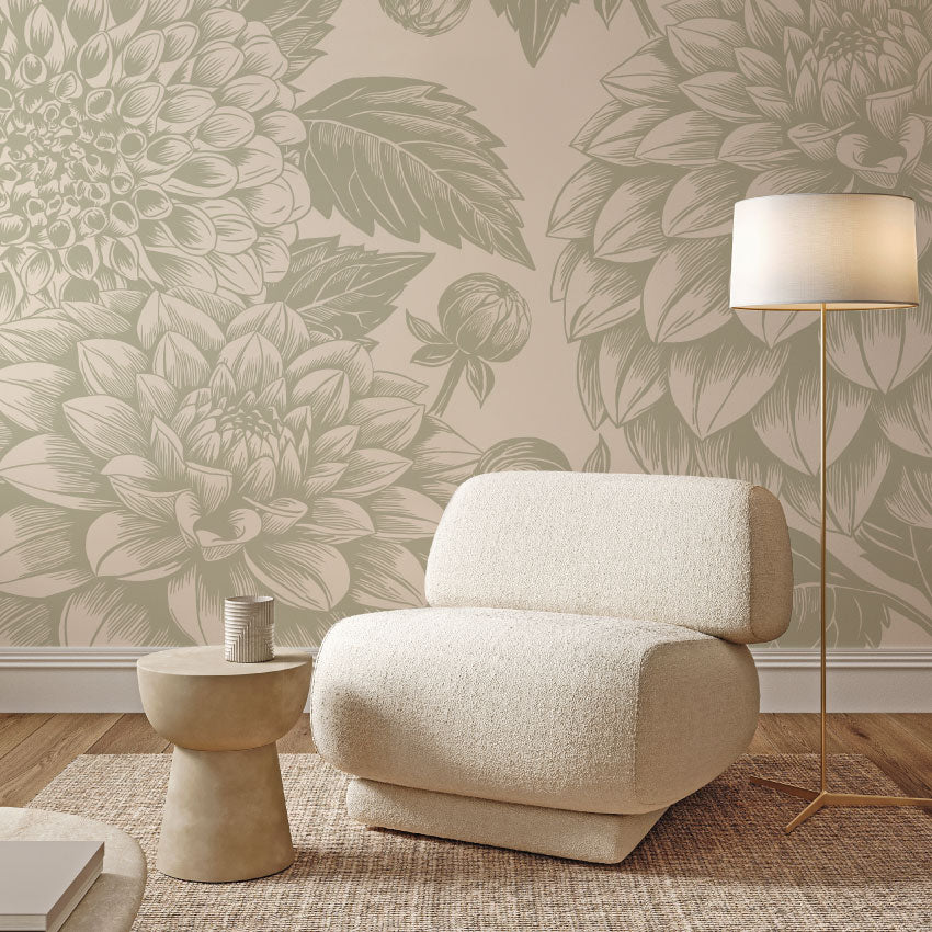 Bloemenbehang Petals in Ink - Paris Green Groen voor woonkamer en slaapkamer Days of Bloom