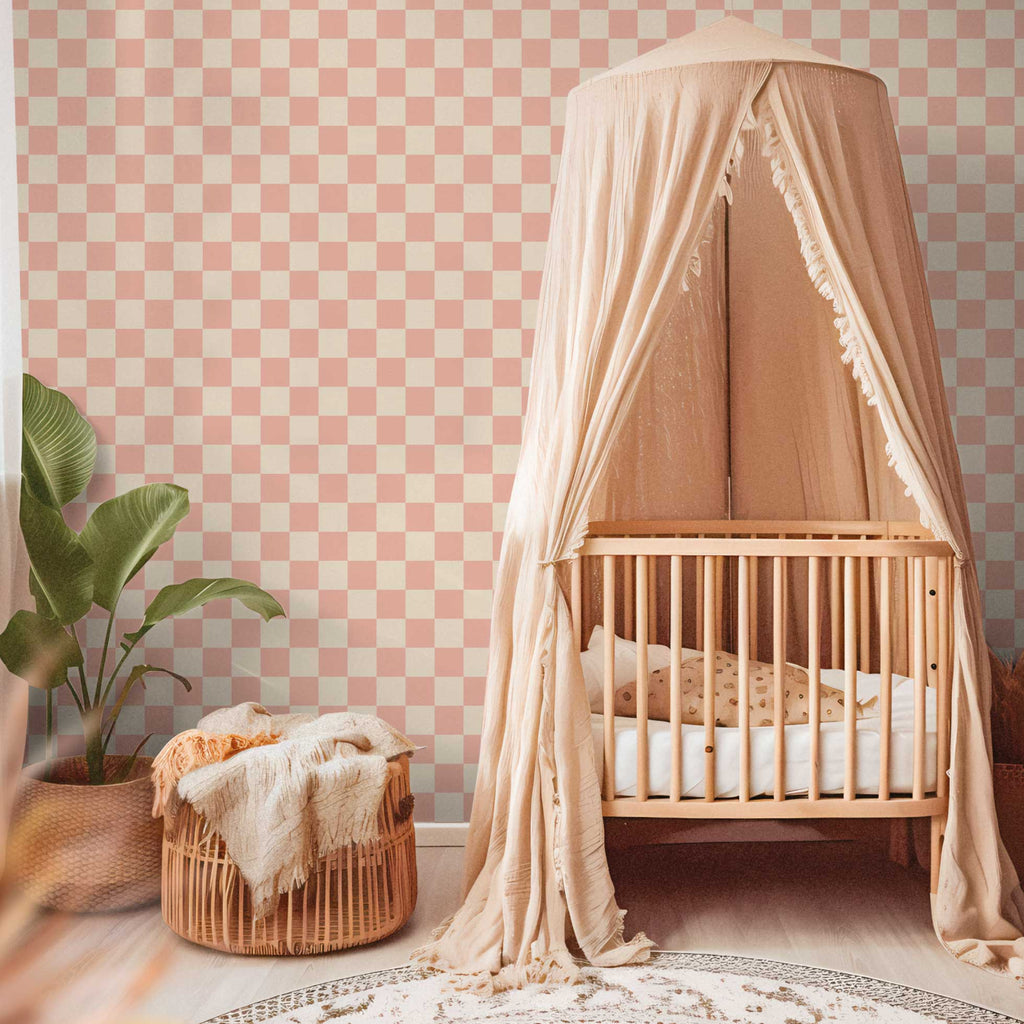 Blokken behang voor de kinderkamer roze checkmate pink days of bloom
