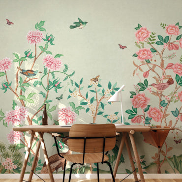 Fotobehang Japans Chinoiserie light green lichtgroen days of bloom