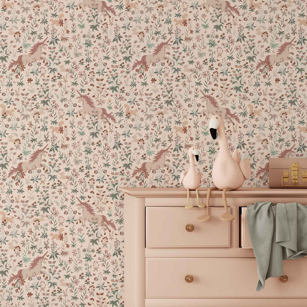Unicorn behang roze groen days of bloom meisjeskamer kinderkamer behang