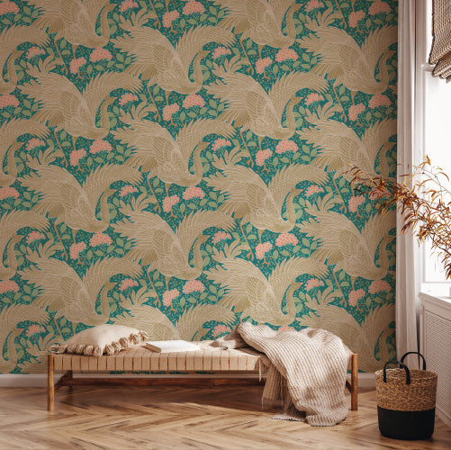 Proud Birds Vogelbehang Days of Bloom fotobehang groen turquoise